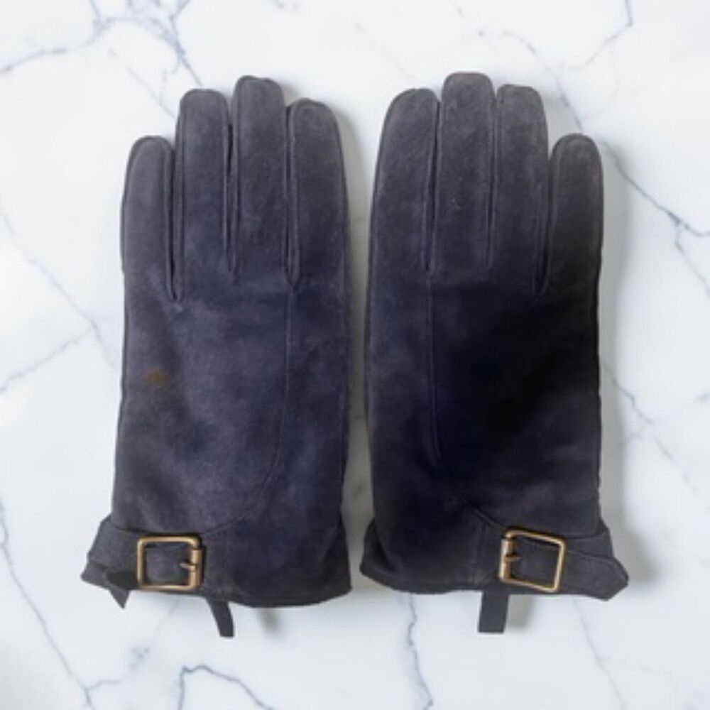 Ralph Lauren Women's Pigsuede Leather Gloves Buckle Strap Red Fleece Lined L